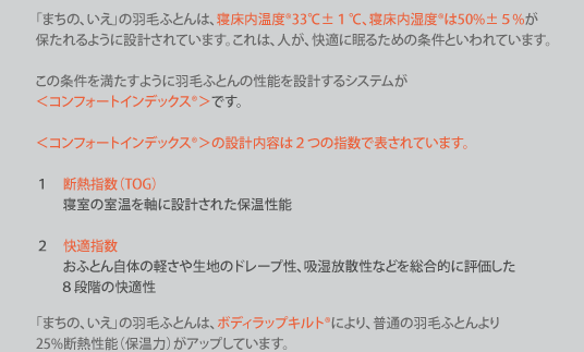 「まちの、いえ」の羽毛ふとんは、寝床内温度®33℃±１℃、寝床内湿度®は50%±５%が保たれるように設計されています。これは、人が、快適に眠るための条件といわれています。