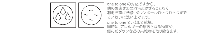 one to one の対応ですから、他のお客さまの羽毛と混ざることなく羽毛を直に洗浄、ダウンボールひとつひとつまでていねいに洗い上げます。one to one で、芯まで乾燥。同時に、アレルギーの原因となる物質や、傷んだダウンなどの夾雑物を取り除きます。